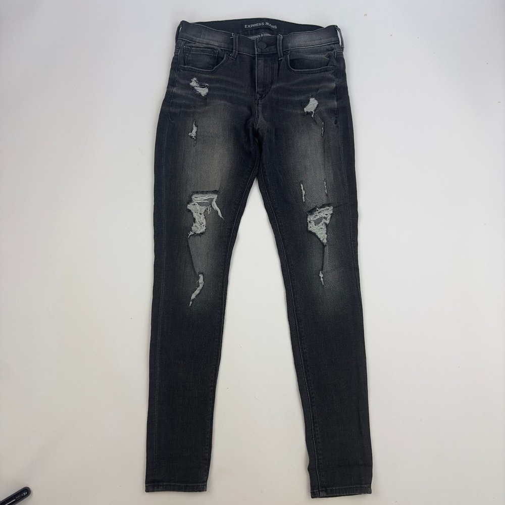 Express Jeans‎ Mia Mid Rise Legging Skinny Gray Distressed Stretch Size 0R - Picture 2 of 12
